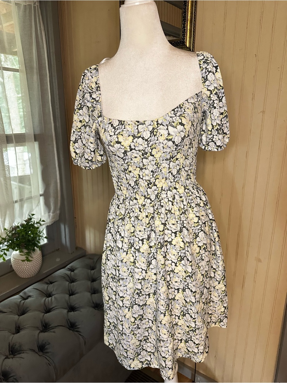 H&M Floral Smocked Mini Dress Womens XS Puff Sleeve Square Neck Cottagecore